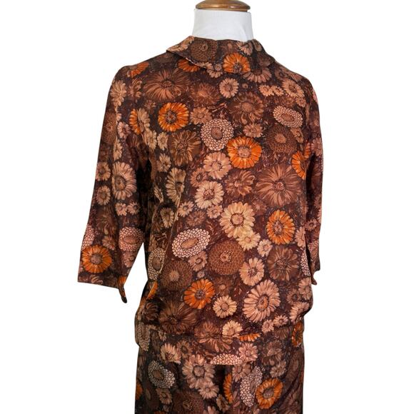 Vintage 1960s  Two-Piece Dress Set Brown Orange Floral Mums Print Boho Retro XS - Picture 6 of 8